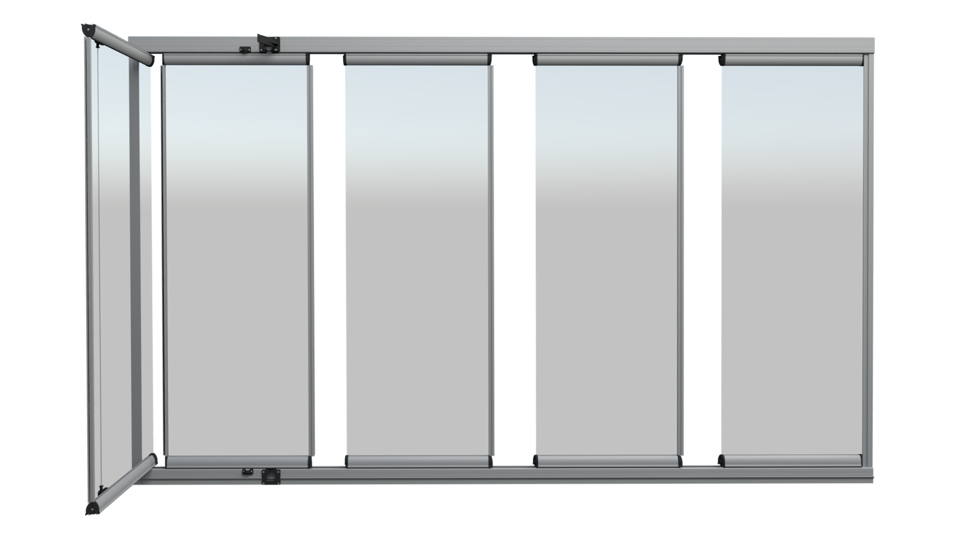 01- gold-seri-folding-glass-real-cam-balkon-katlanır-cam Top-down view of a glass-walled elevator car with a metal frame and visible guide rails, showing colored indicator rails on the left side.