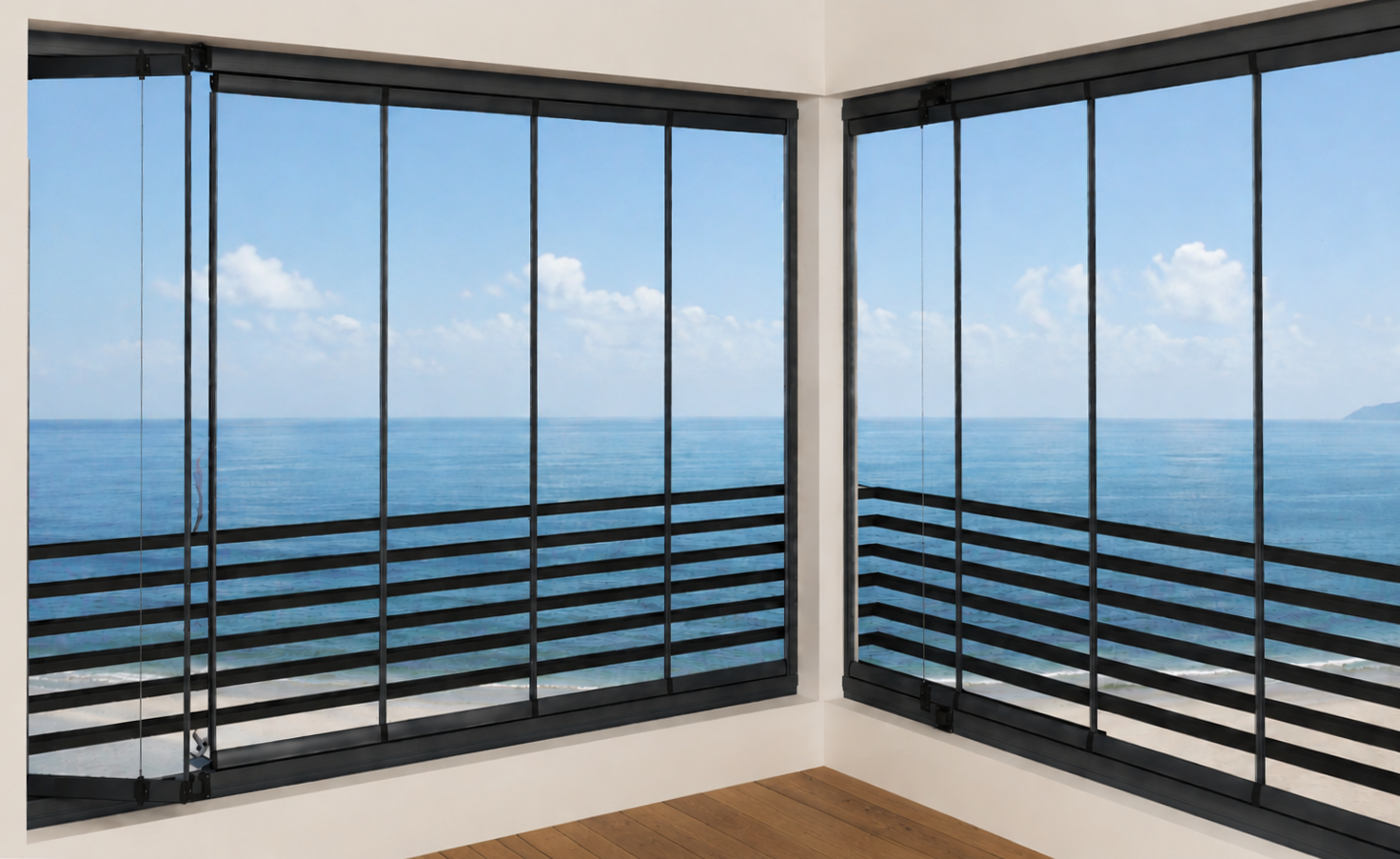 05-gold-seri-folding-glass-real-cam-balkon-katlanır-cam-balkon Corner room with large glass windows showing a blue ocean and sky; black horizontal window bars frame the view.