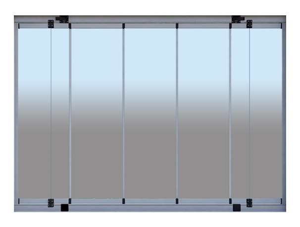 real cam balkon - progold 8mm Six vertical glass panels in a metal frame, tinted from blue at the top to black at the bottom.