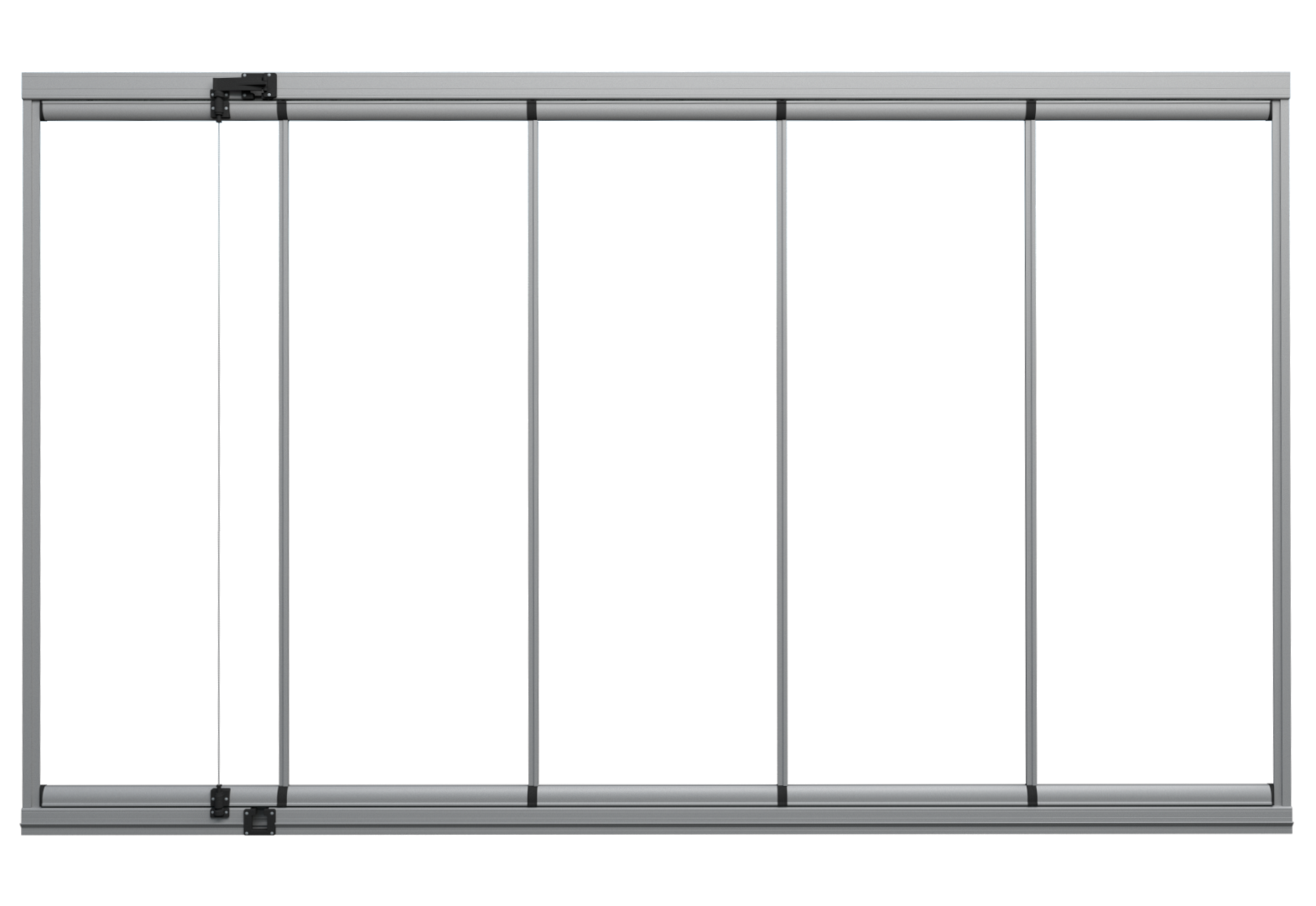 06-gold-seri-folding-glass-real-cam-balkon-katlanır-cam-balkon Sliding glass wall/door system with multiple vertical aluminum frames and top/bottom tracks, left-side door panel in view.