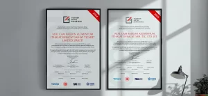 realcambalkon-ihracat-basarı Two framed certificates on a gray wall with red corner ribbons, issued by Turkish Metal Exporters to Real Cam Balkon Aluminum.