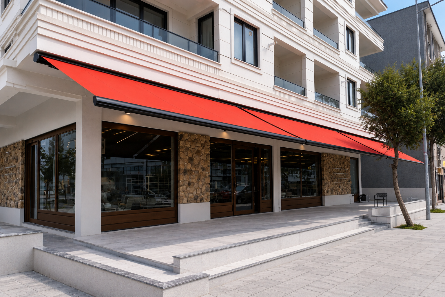 realcambalkon-tente Storefront with a bright red awning on a modern white building featuring stone accents and large glass doors/windows.