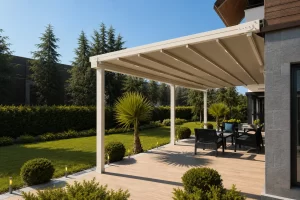 pergola system-real cam balkon Patio with white pergola and black wicker seating on a tiled deck beside a manicured lawn, under clear blue sky.