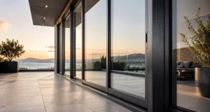 sliding cover fotoğ- REal cam balkon Modern glass sliding doors with dark frames on a terrace, overlooking hills and water at sunset.